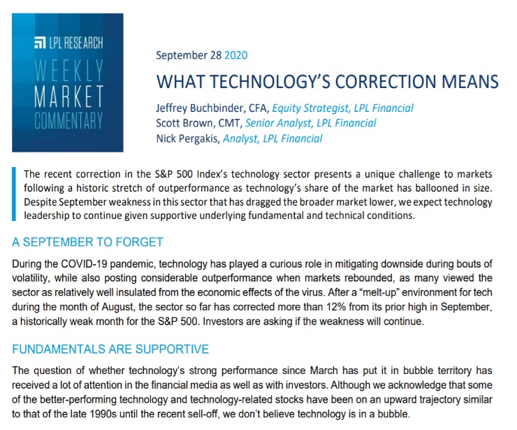 What Technology’s Correction Means | Weekly Market Commentary | September 28, 2020