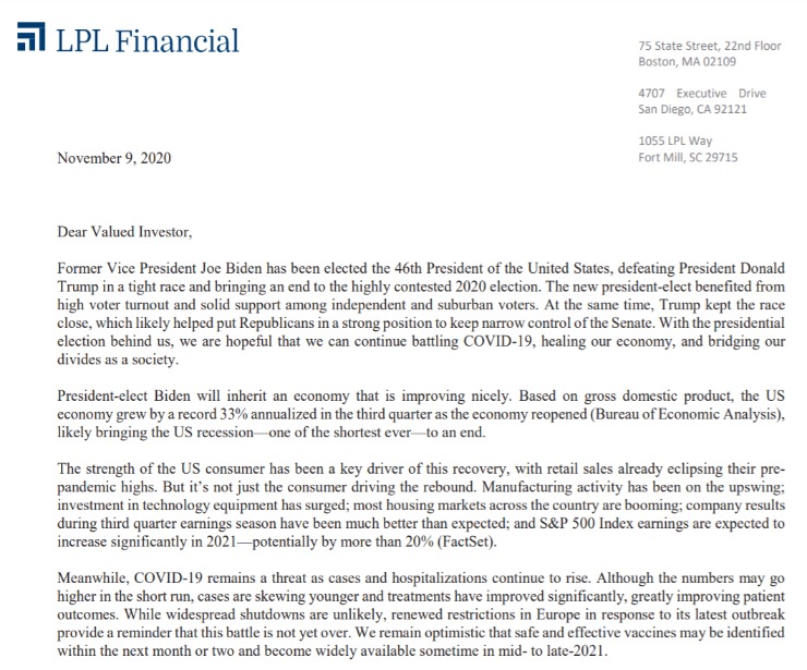 Client Letter | Election Clarity for the Markets | November 9, 2020