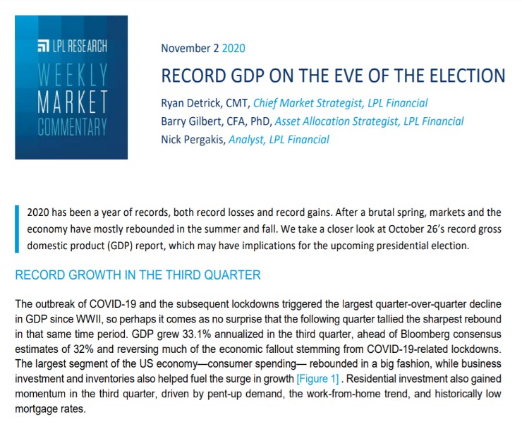 Record GDP on the Eve of the Election | Weekly Market Commentary | November 02, 2020