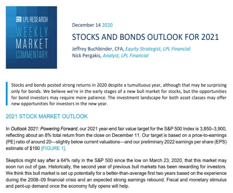 Stocks and Bonds Outlook for 2021 | Weekly Market Commentary | December 14, 2020