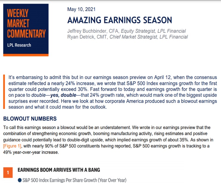 Amazing Earnings Season | Weekly Market Commentary | May 10, 2021